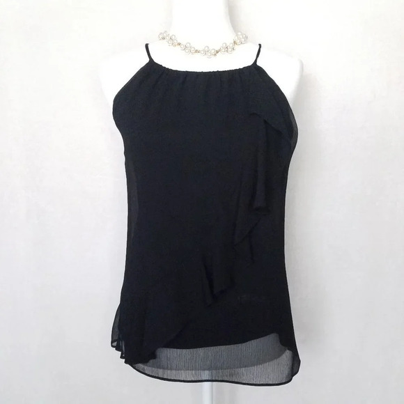 Banana Republic Cascades Ruffle Top Women XS Spaghetti Straps in Black Chiffon - Picture 2 of 12